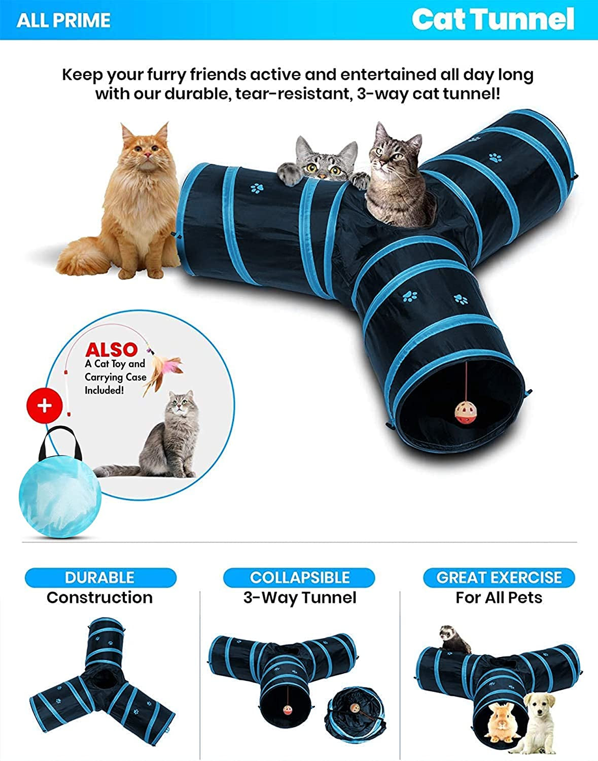 Cat Tunnel - Also Included Is a ($5 Value) Interactive Cat Toy - Toys for Cats - Cat Tunnels for Indoor Cats - Cat Tube - Collapsible 3 Way Pet Tunnel - Great Toy for Cats & Rabb (Blue)