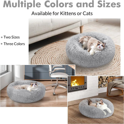 Cat Bed for Indoor Cats, Fluffy round Self Warming Calming Soft Plush Donut Cuddler Cushion Pet Bed for Small Dogs Kittens, 20 Inches