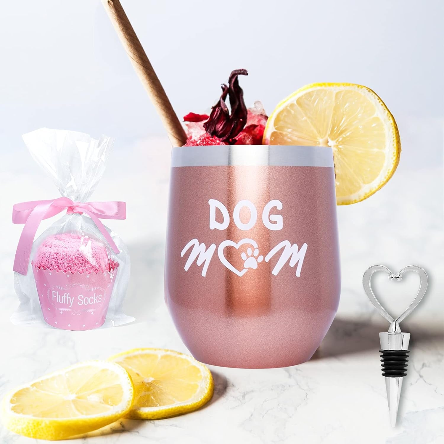 Dog Mom Gifts for Women Insulated Wine Tumbler with Sayings + Fuzzy Socks + Wine Stopper for Women Birthday Gifts for Women Rose Gold Stainless Steel Xmas Gifts