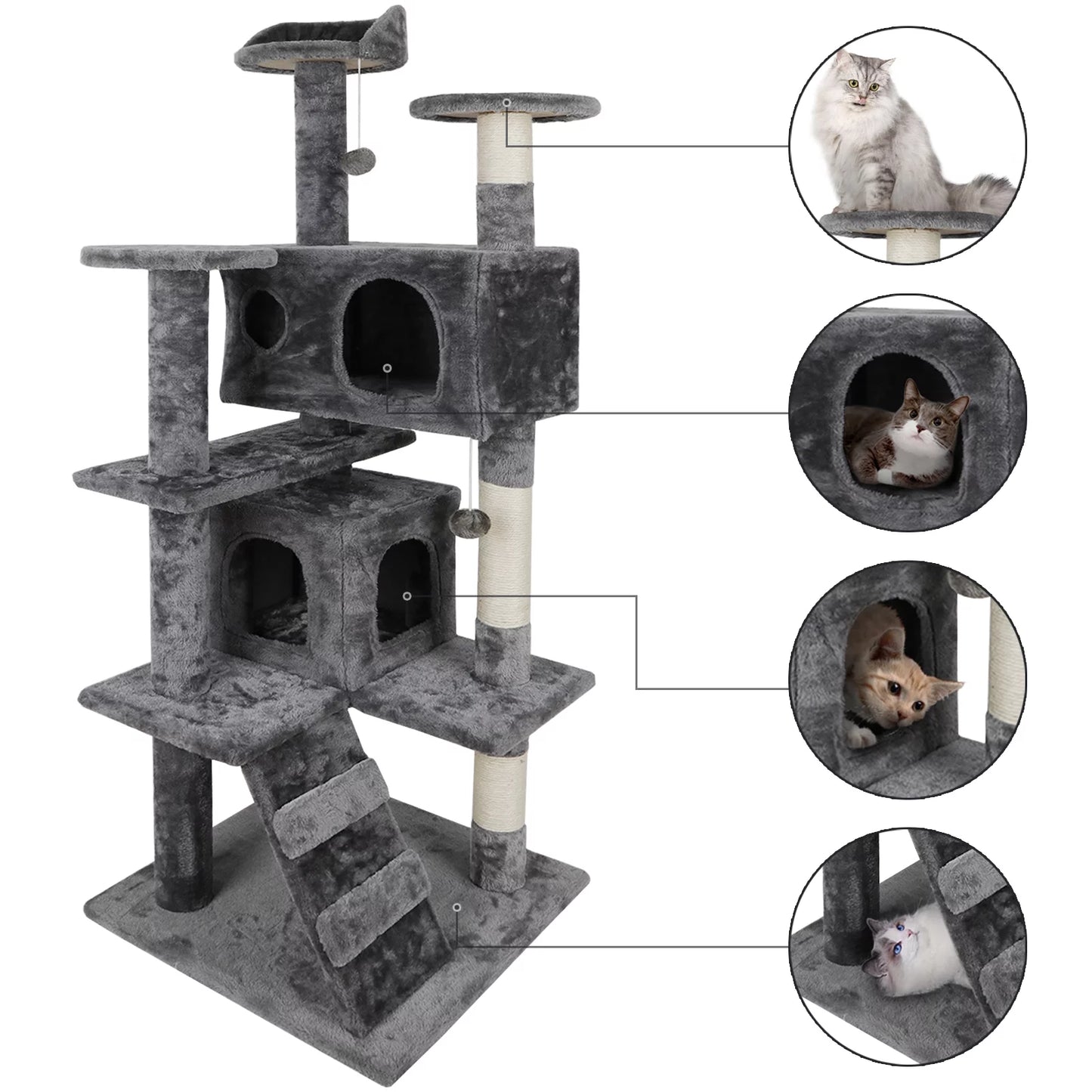 53" Height Cat Tree Scratching Post Condo Tower Playhouse with Cave & Ladders, Dark Gray