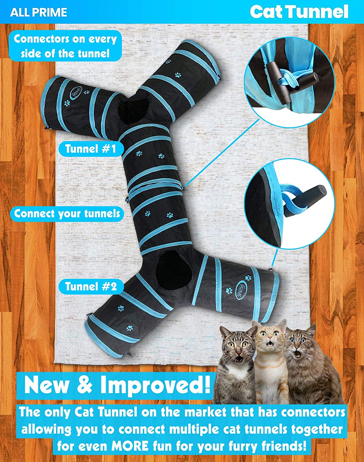 Cat Tunnel - Also Included Is a ($5 Value) Interactive Cat Toy - Toys for Cats - Cat Tunnels for Indoor Cats - Cat Tube - Collapsible 3 Way Pet Tunnel - Great Toy for Cats & Rabb (Blue)