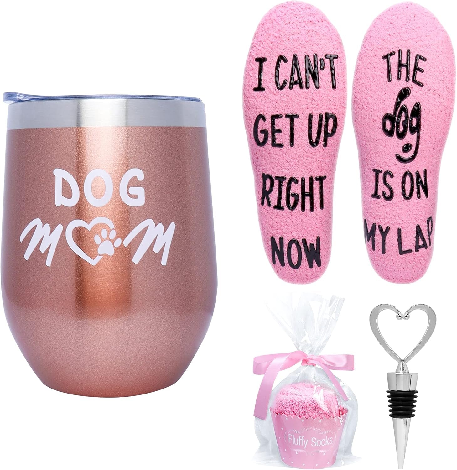 Dog Mom Gifts for Women Insulated Wine Tumbler with Sayings + Fuzzy Socks + Wine Stopper for Women Birthday Gifts for Women Rose Gold Stainless Steel Xmas Gifts