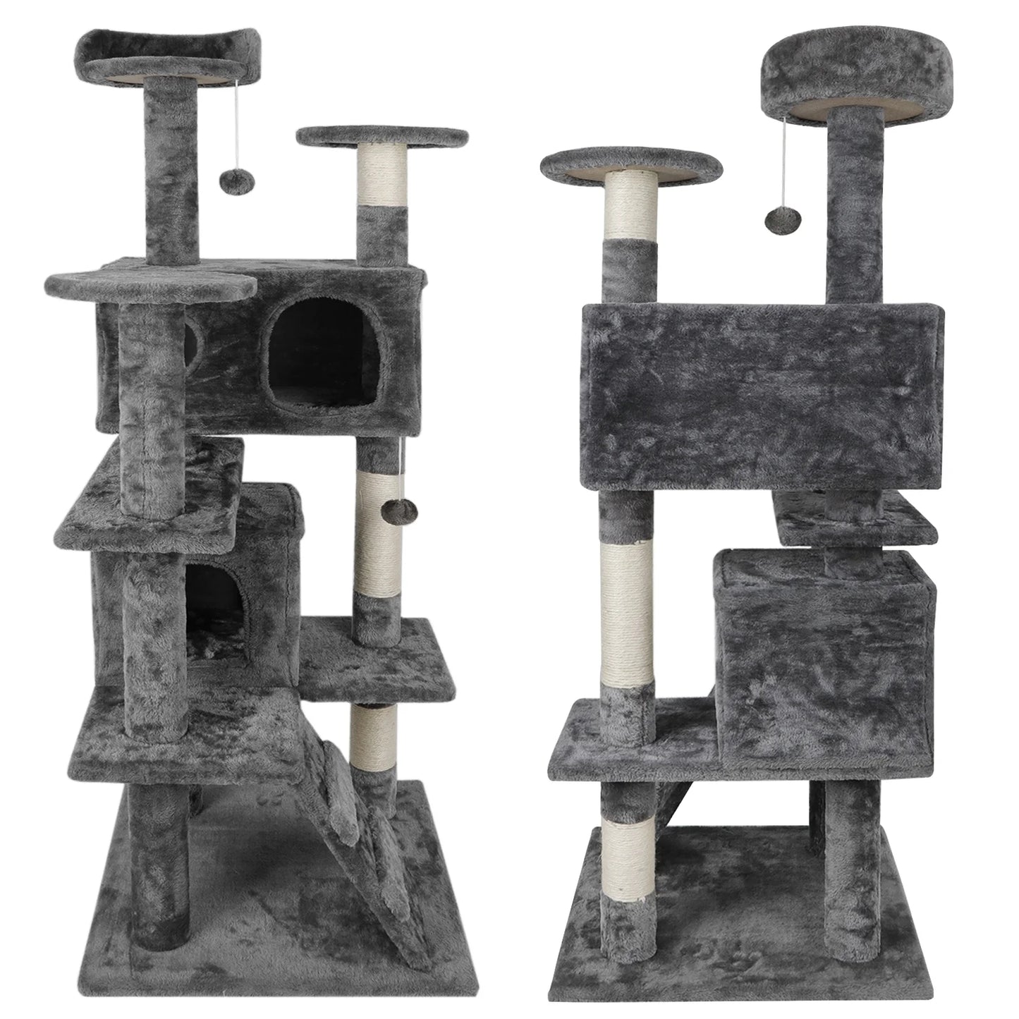 53" Height Cat Tree Scratching Post Condo Tower Playhouse with Cave & Ladders, Dark Gray