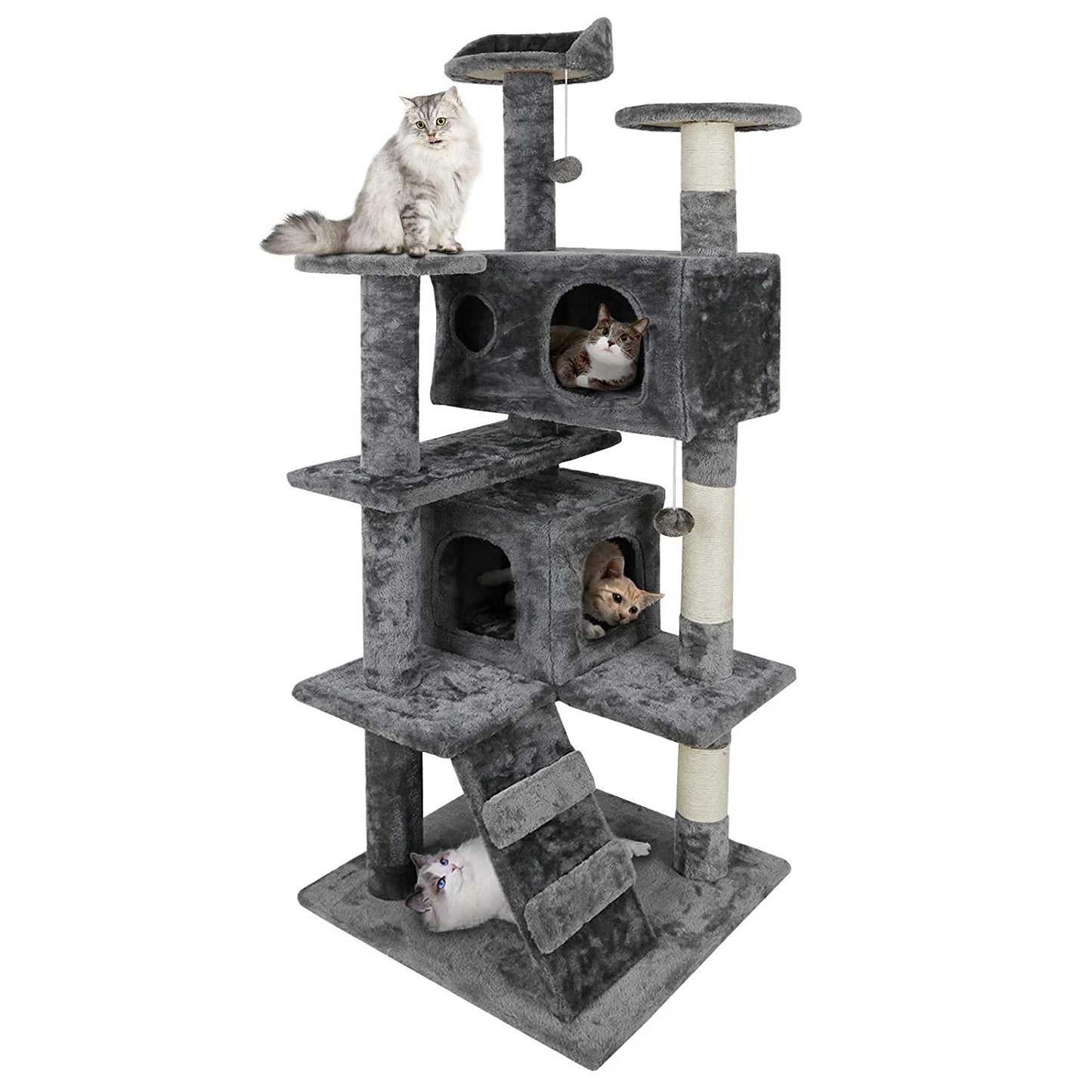 53" Height Cat Tree Scratching Post Condo Tower Playhouse with Cave & Ladders, Dark Gray